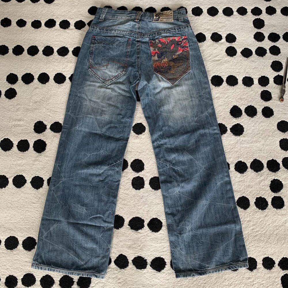 Next Girls Jeans Sz 11 Years Wide Leg Stone Washed Denim Embroidered Dragon Y2K